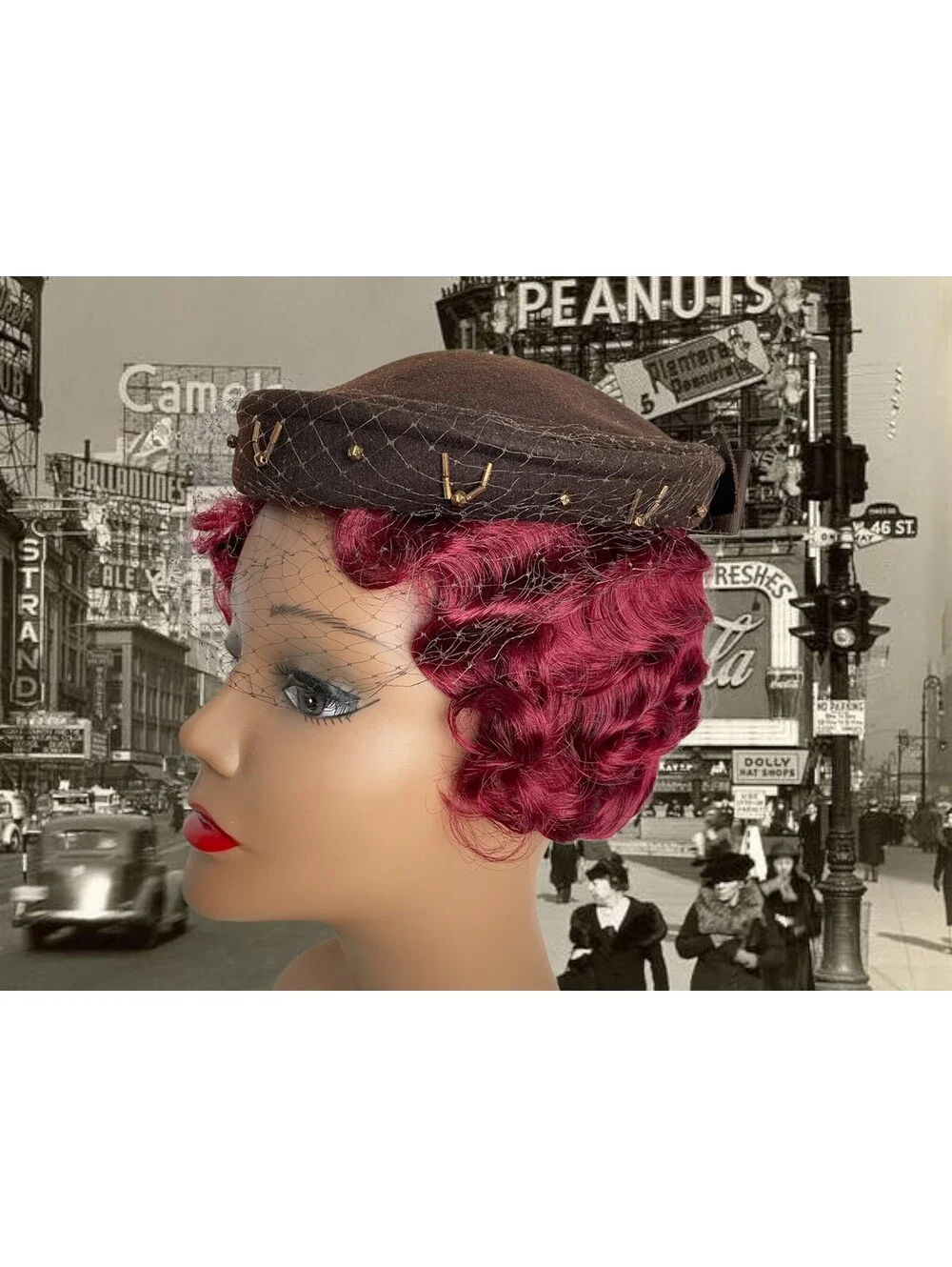 Vintage 1950s Brown Felt Pillbox Hat: Beaded Veil Fascinator